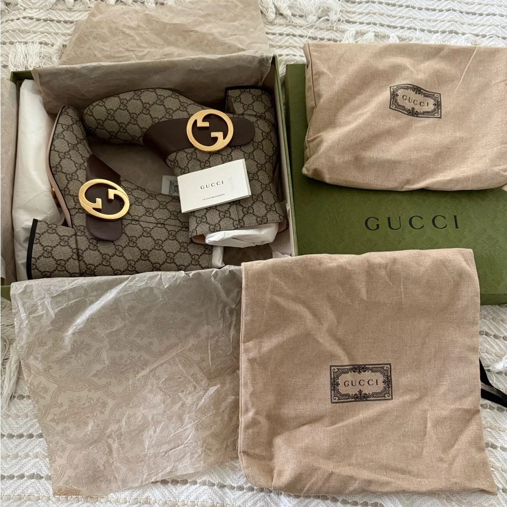 Gucci blondie Brown& Cream GG coated canvas 2” block heel ankle boot SZ 40 NWB - Picture 10 of 10